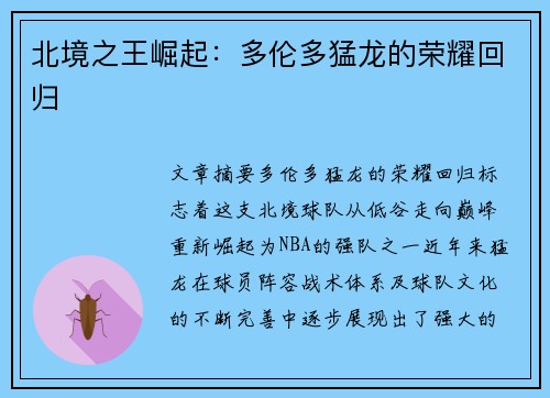 北境之王崛起：多伦多猛龙的荣耀回归